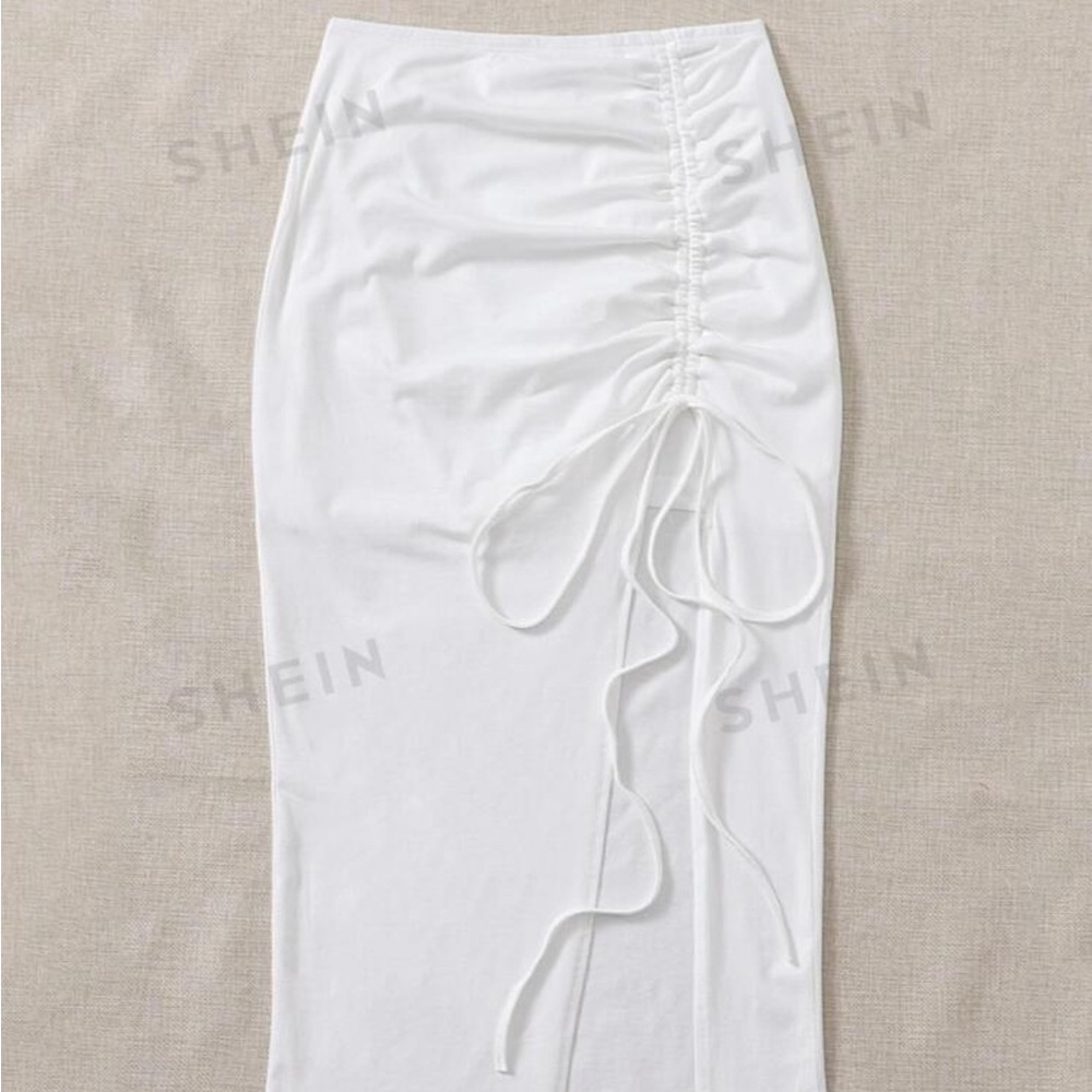 Ruched midi drawstring split skirt